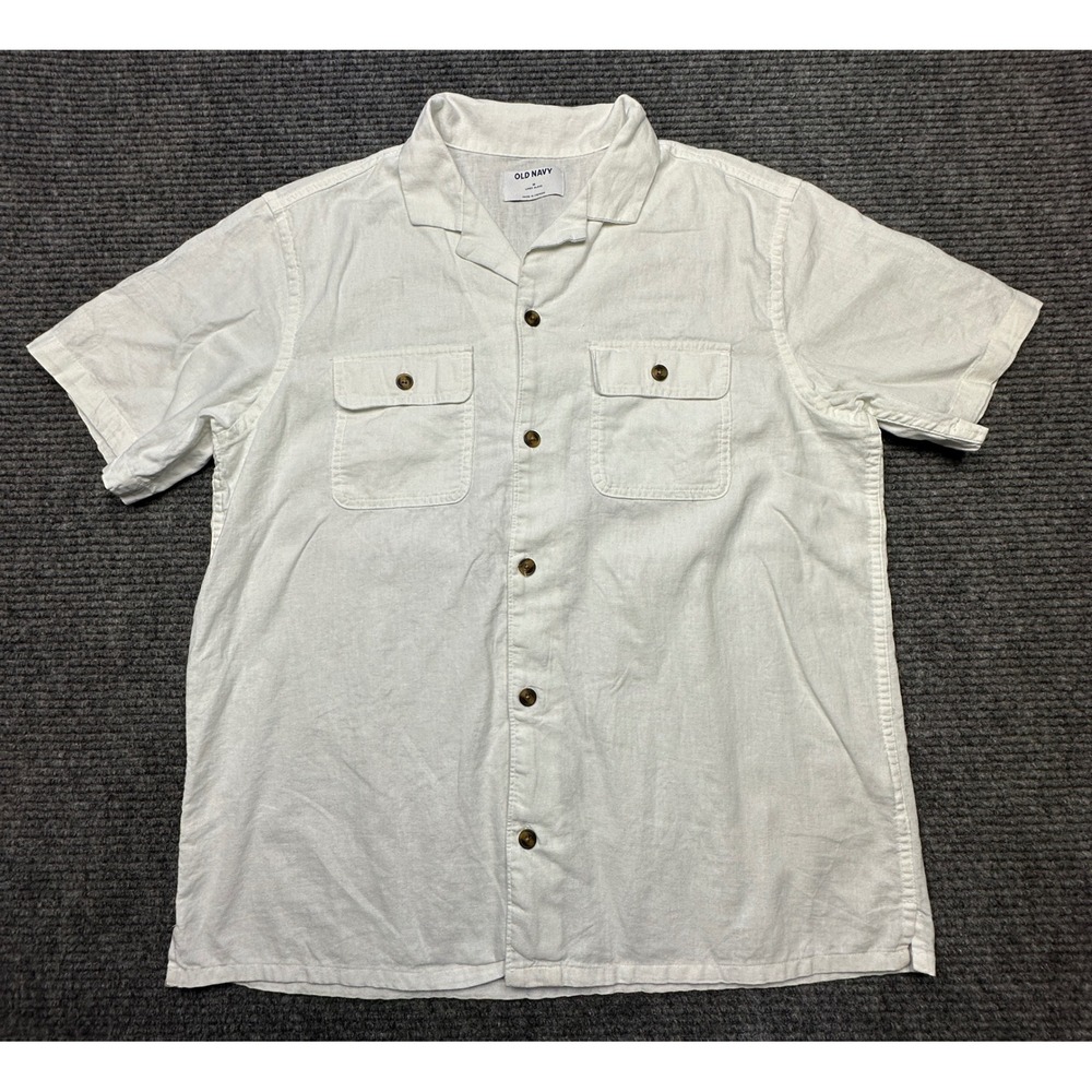 Old Navy Button Up Shirt Mens M White Linen Blend Short Sleeve Camp Collar